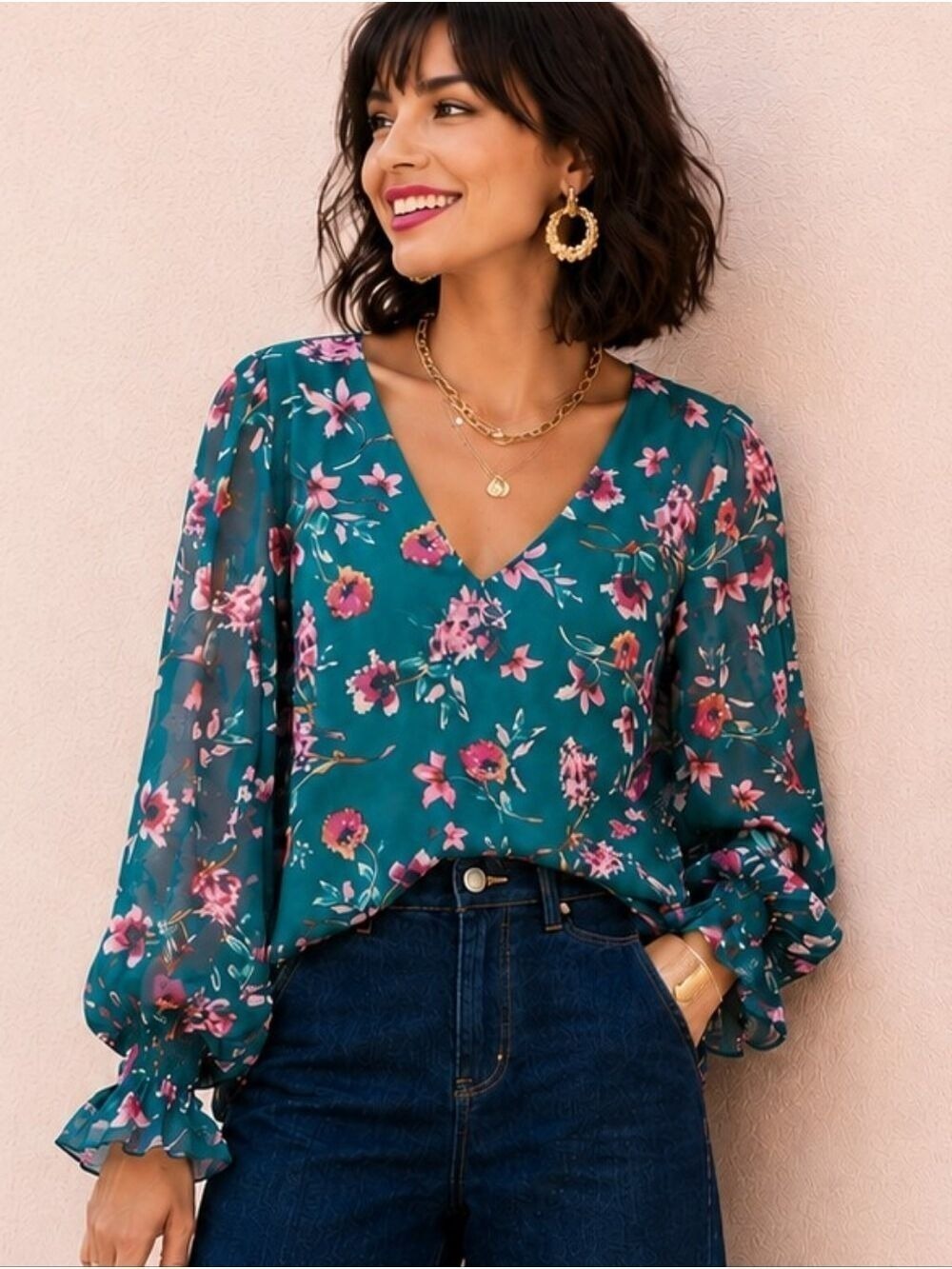 1. STATE FLORAL CHIFFON BALLOON + ROCHED SLEEVE V-NECK BLOUSE TOP LIKE NEW! SZ M